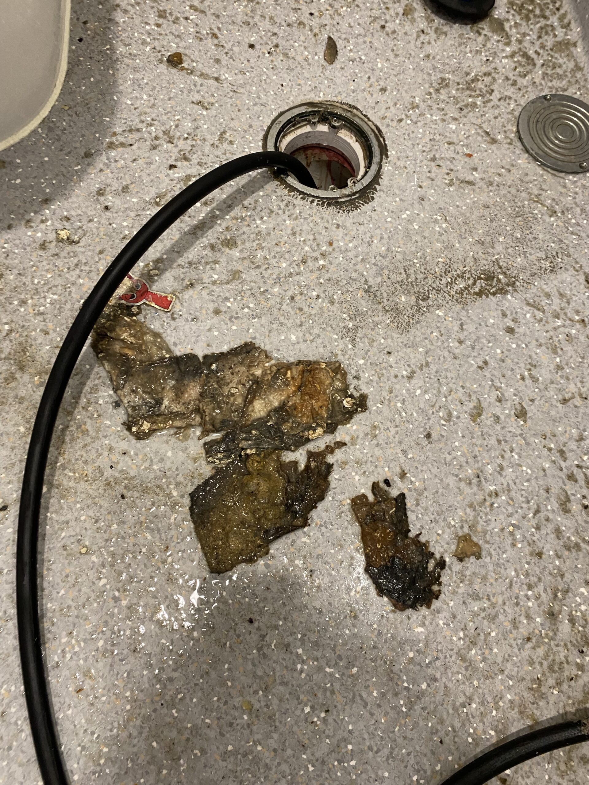 hydro jetter clearing blocked floor drain with paper towel and cardboard debris